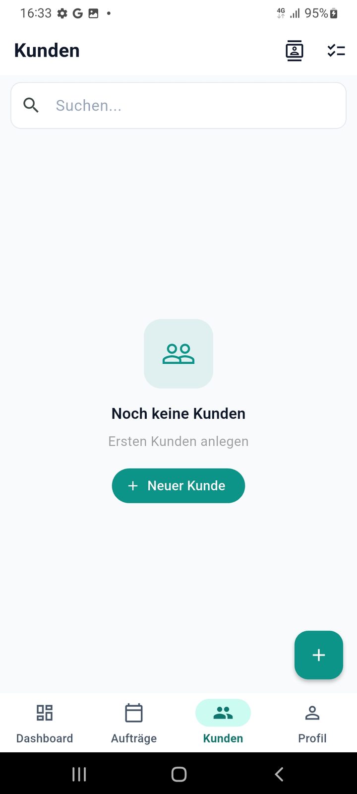TaskSnap customer list with contact import and new customer button