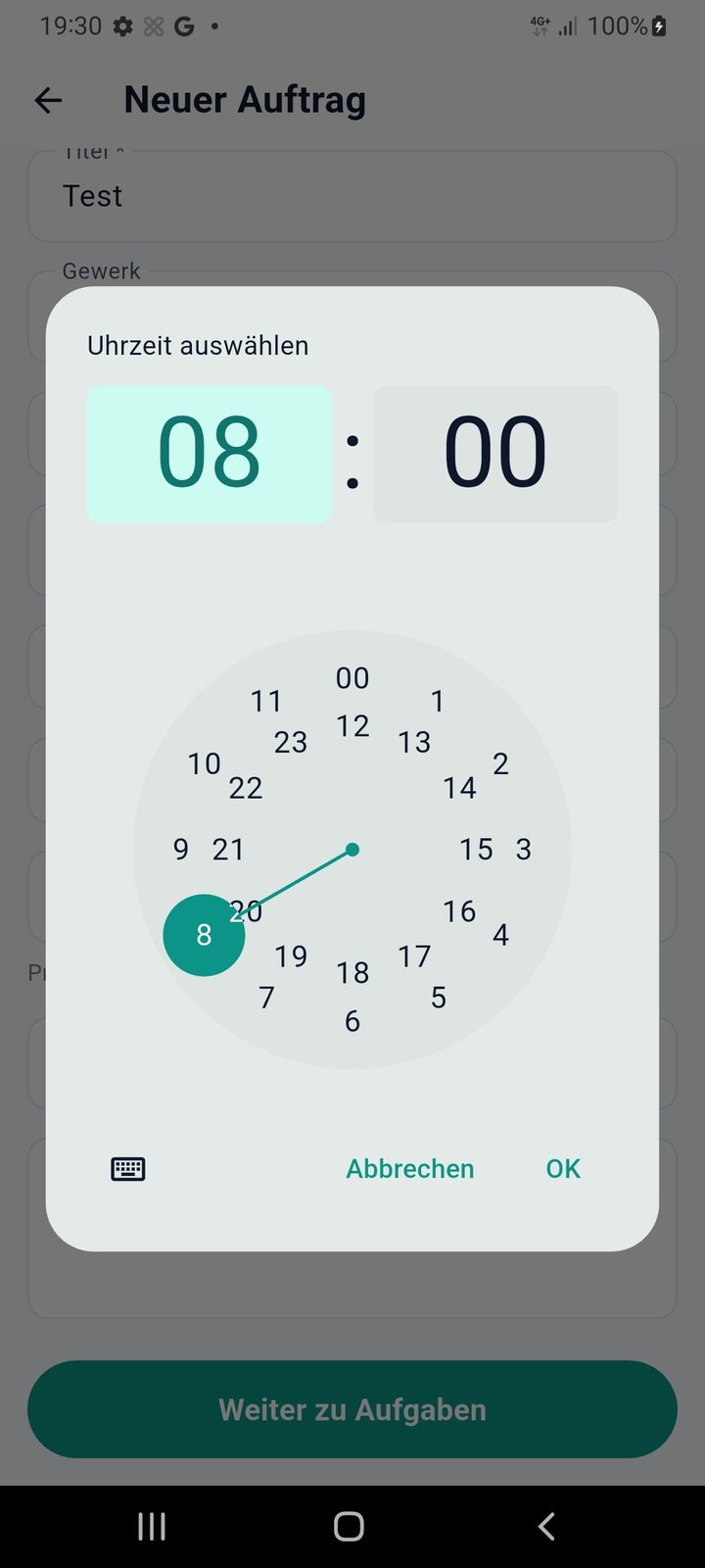 TaskSnap new job form with title, customer, address, date and hourly rate