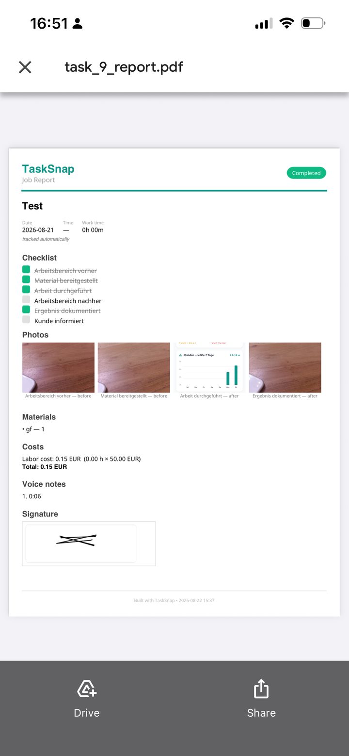 TaskSnap job report PDF with customer signature