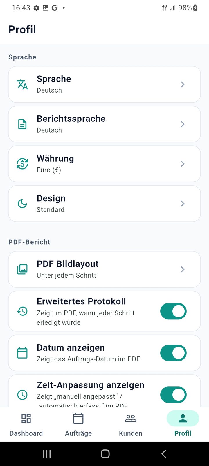 TaskSnap PDF report settings: photo layout, extended protocol, date and time tracking